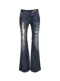 Flowers birds Market | Ripped Rhinestone Flared Jeans
