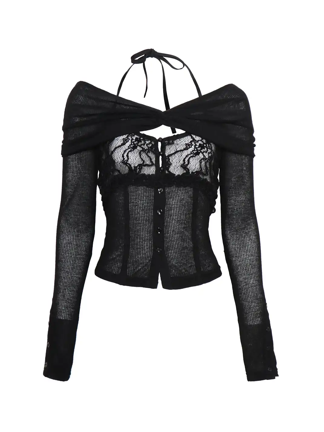 Flowers birds Market | Sheer Lace-Trimmed Knit Top