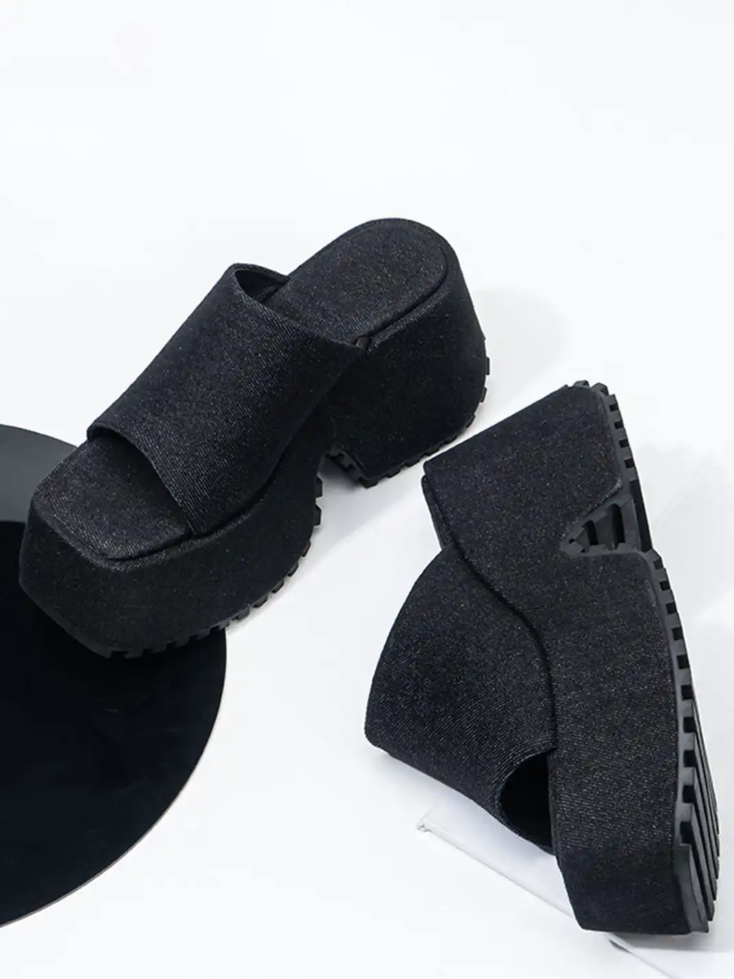 SISTER CURIE | Square-Toe Platform Denim Sandals