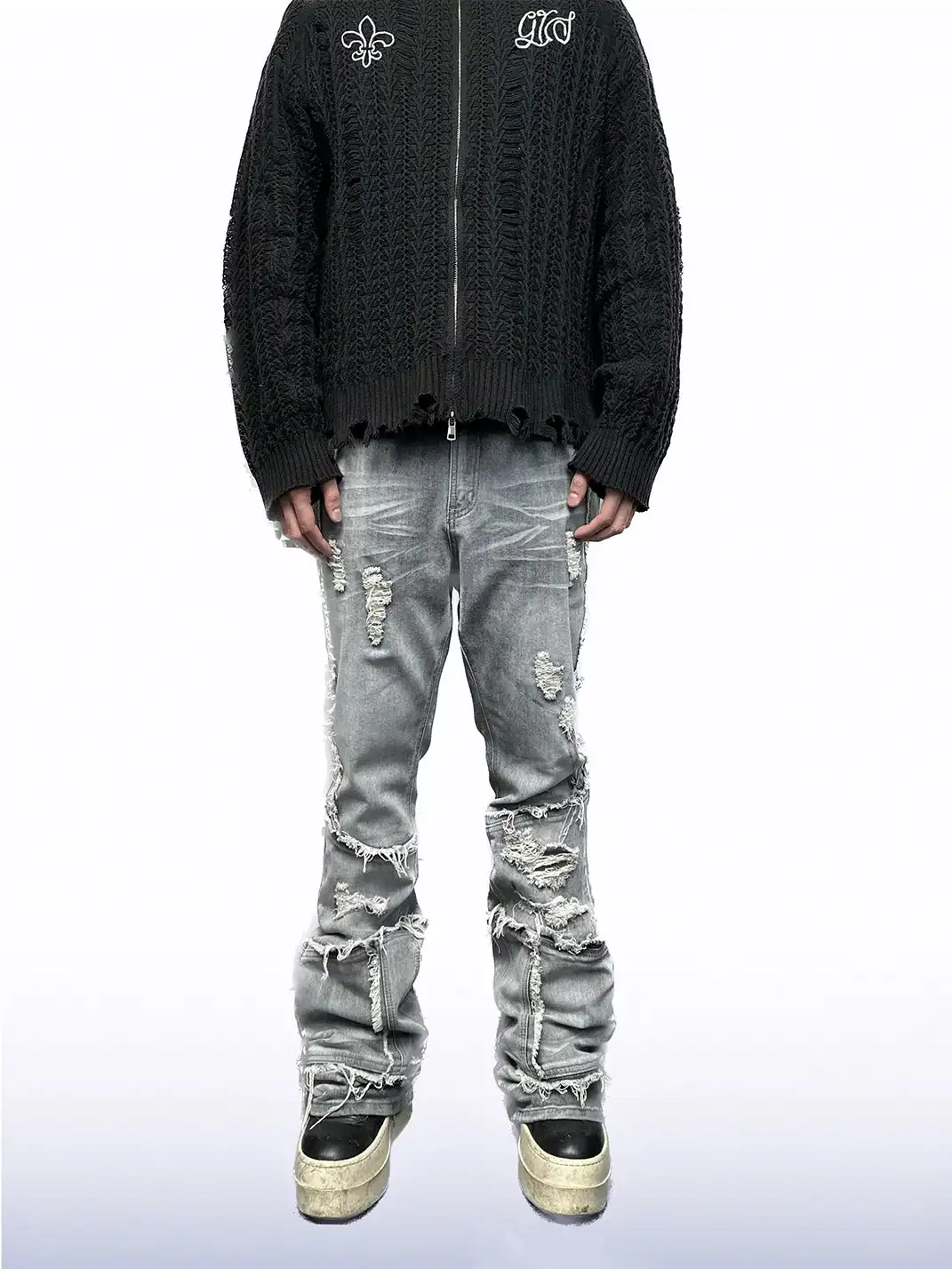 CandyCash | Crinkled Coated Knife-Cut Ripped Tassel Jeans