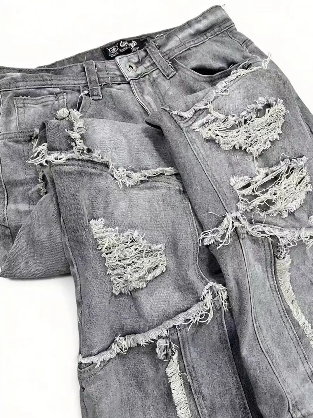 CandyCash | Crinkled Coated Knife-Cut Ripped Tassel Jeans