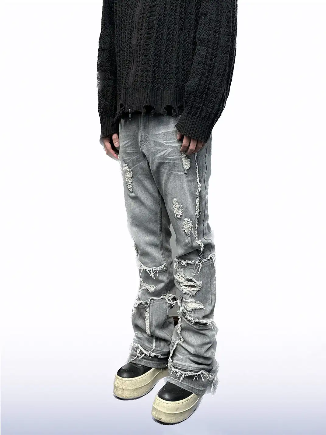 CandyCash | Crinkled Coated Knife-Cut Ripped Tassel Jeans