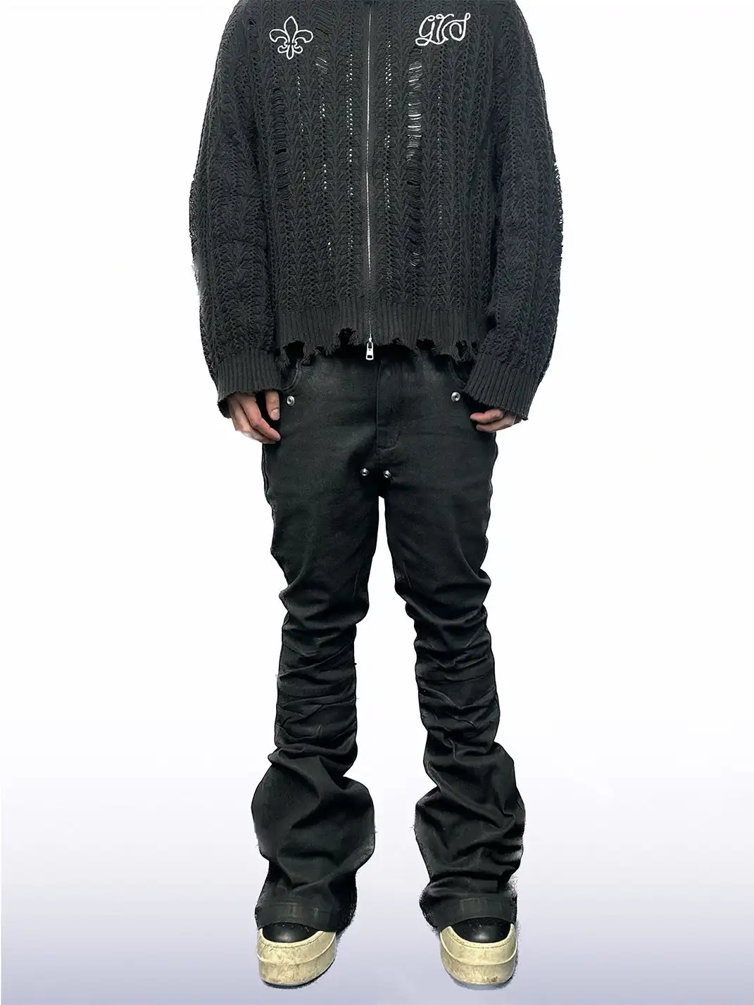 CandyCash | Wax-Coated Wrinkled Studded Jeans