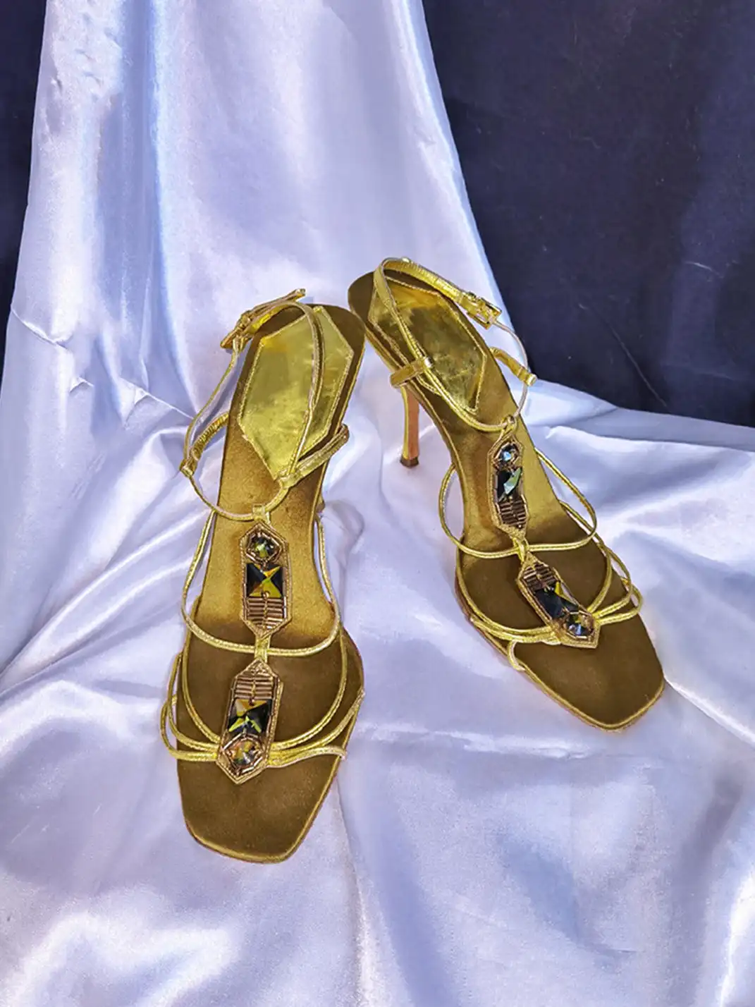9HAO | Square-Toe Open-Toe Rhinestone Lace-Up Sandals