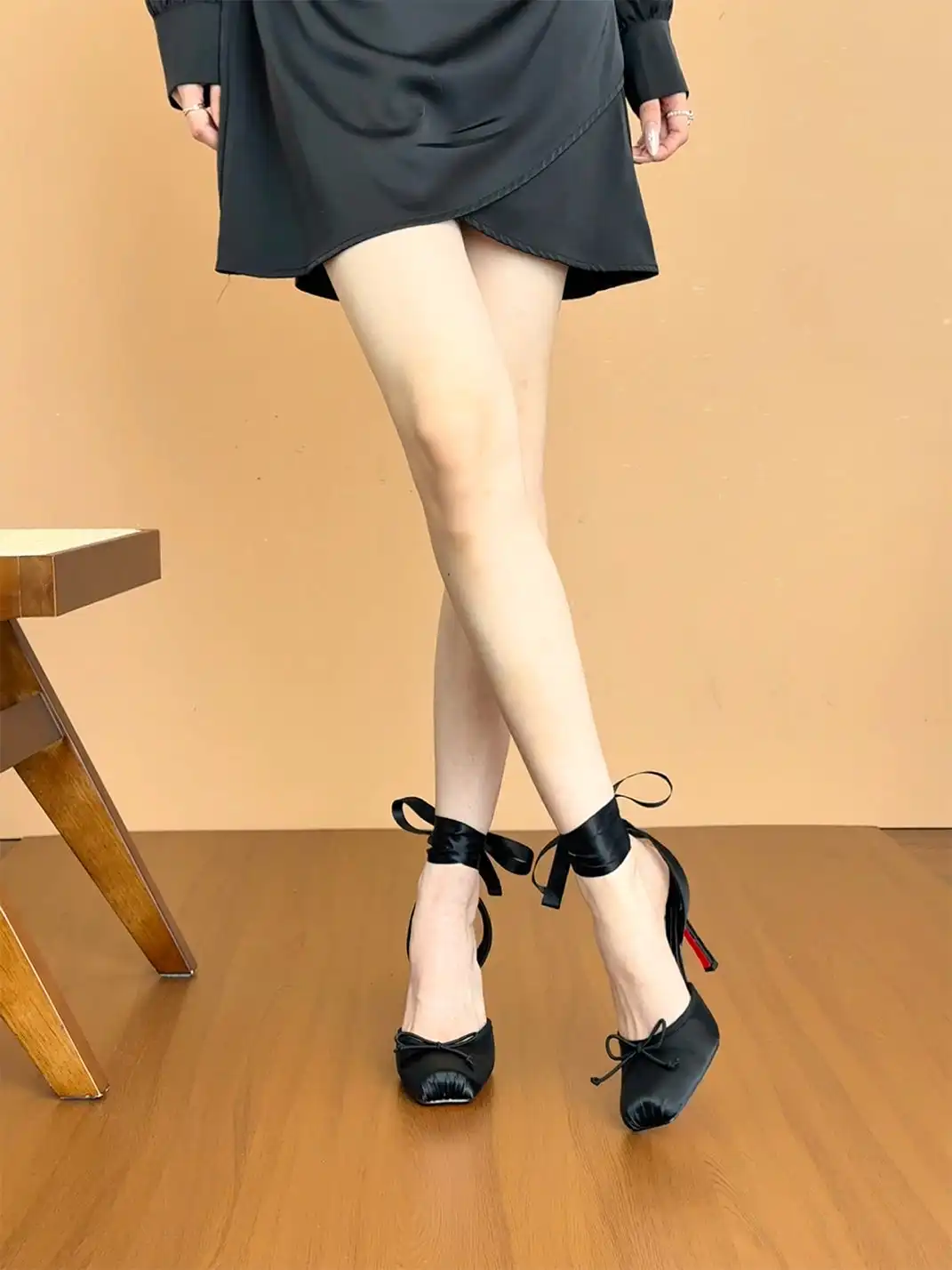 9HAO | Square-Toe Butterfly Strap Red-Soled High Heels