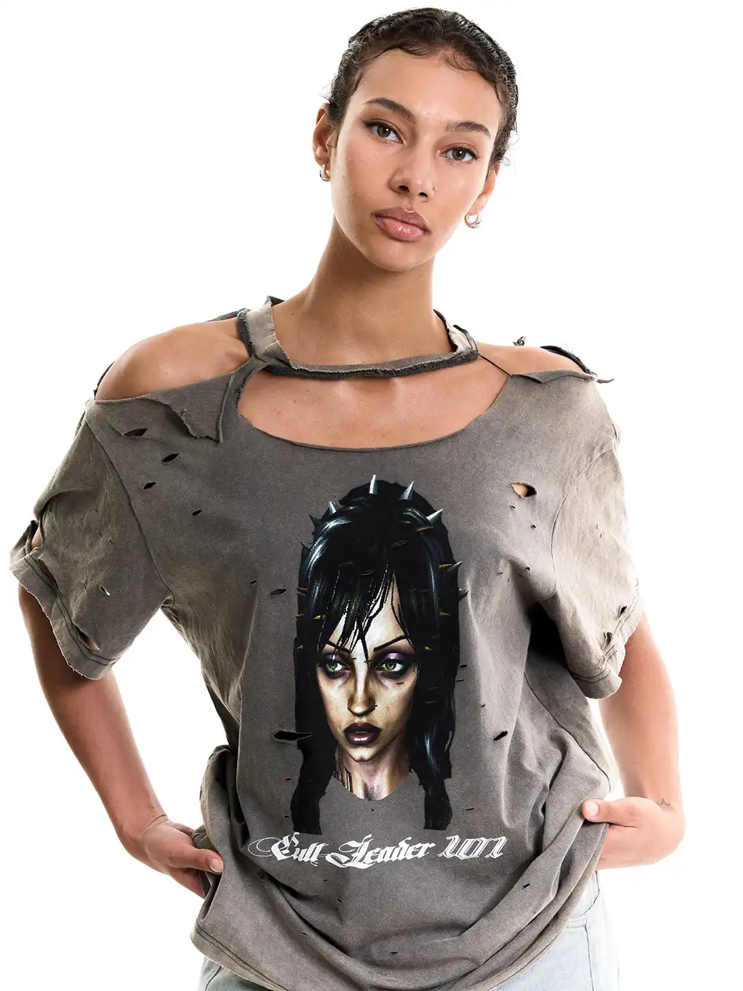 Razorr | Head Print Off-Shoulder Ripped T-Shirt