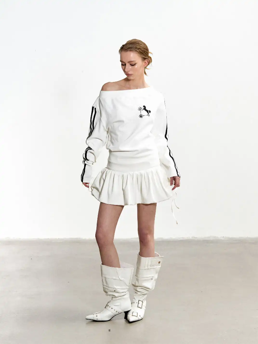 Razorr | Pony Key Striped Off-Shoulder Dress