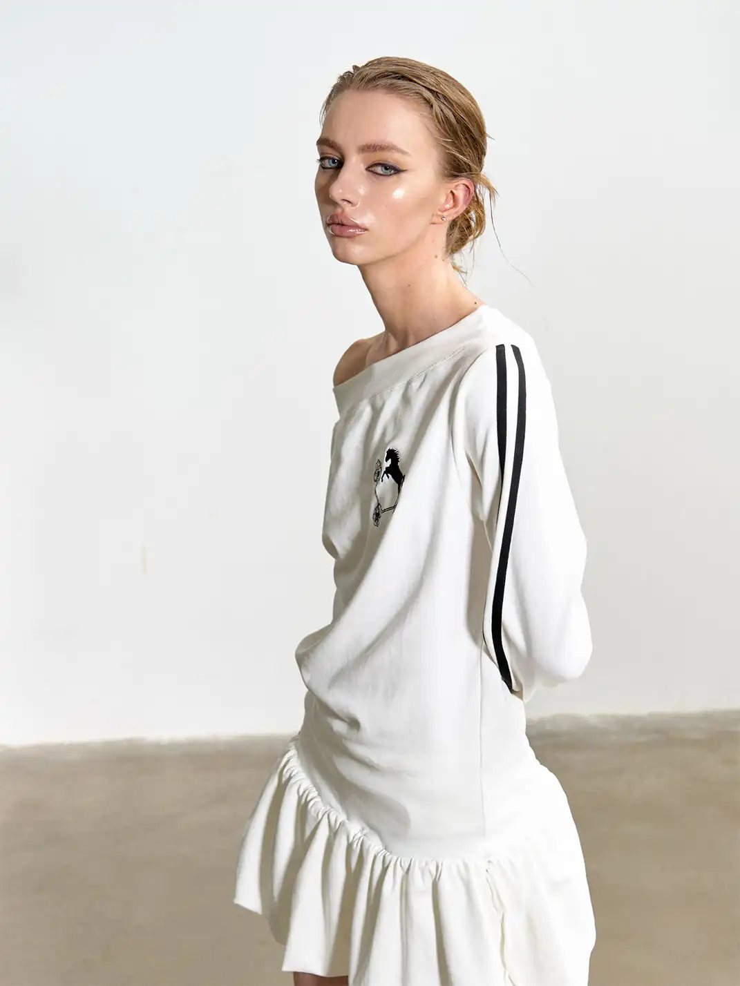 Razorr | Pony Key Striped Off-Shoulder Dress