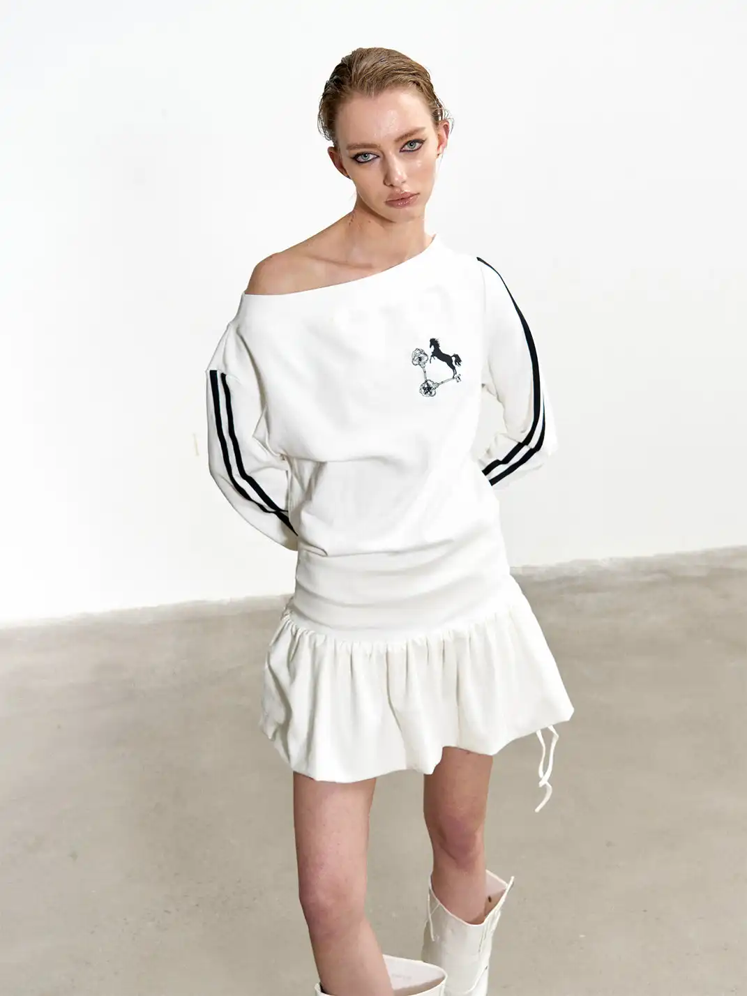 Razorr | Pony Key Striped Off-Shoulder Dress