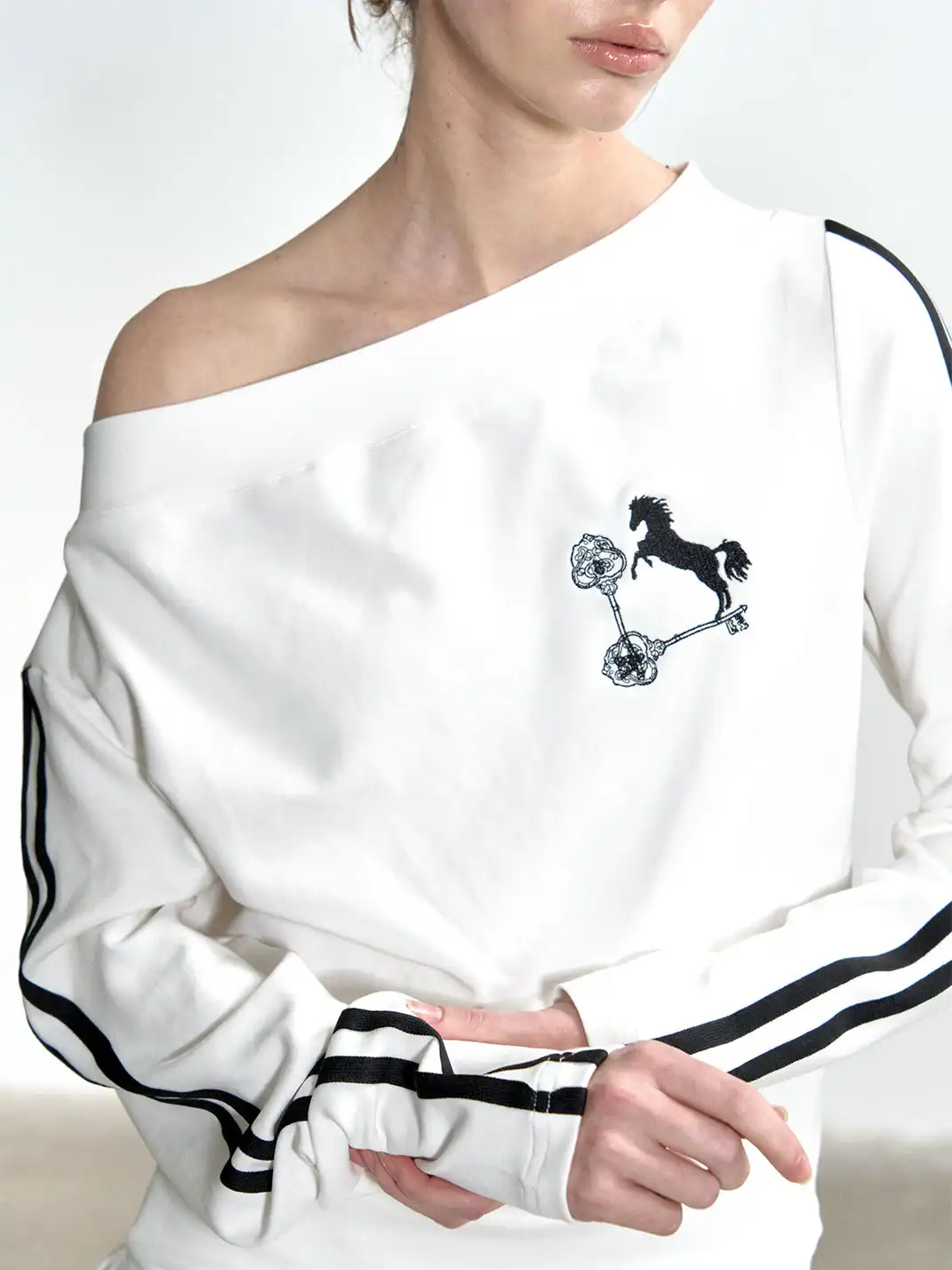 Razorr | Pony Key Striped Off-Shoulder Dress