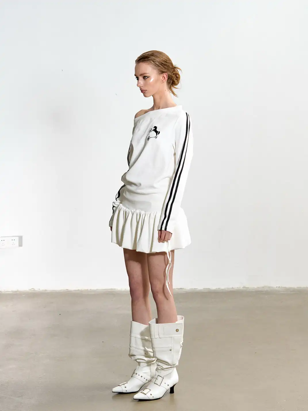 Razorr | Pony Key Striped Off-Shoulder Dress