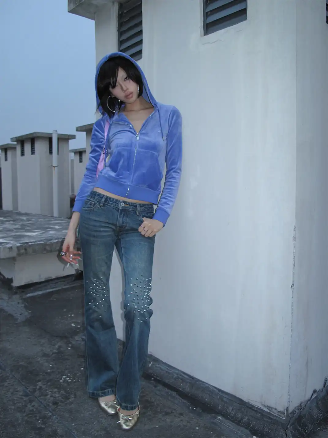 noEmosen | Spiked Rivet Knee Flare Jeans