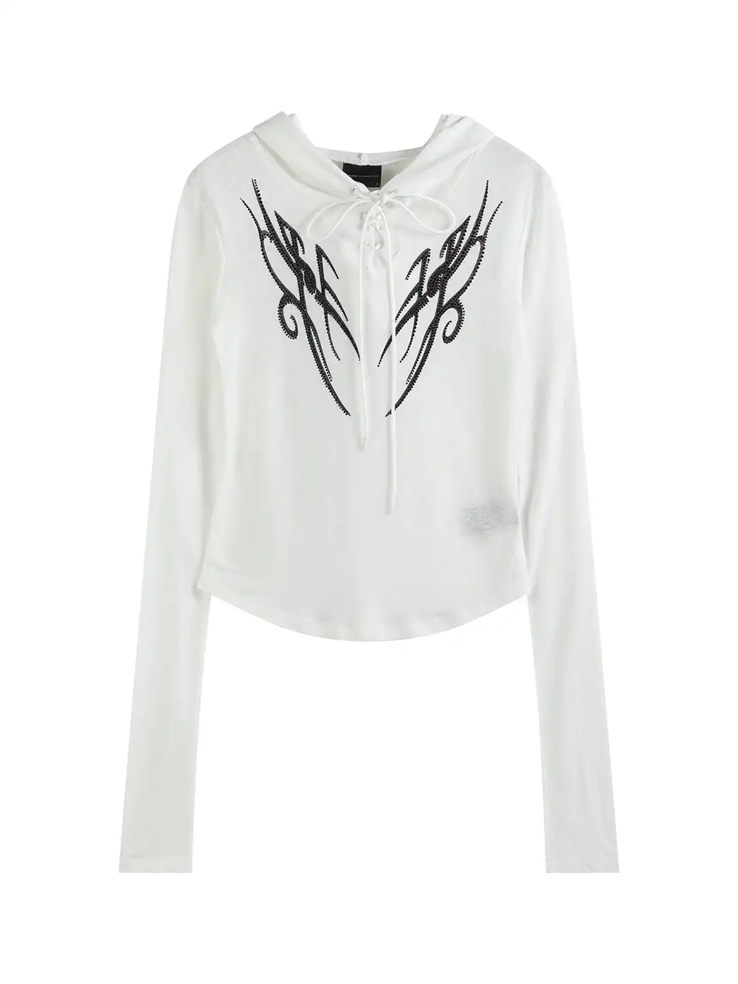 noEmosen | Totem Print Rhinestone Hooded Long-Sleeved Top