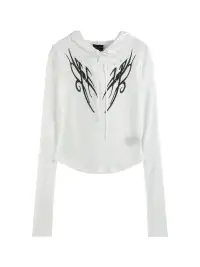 noEmosen | Totem Print Rhinestone Hooded Long-Sleeved Top