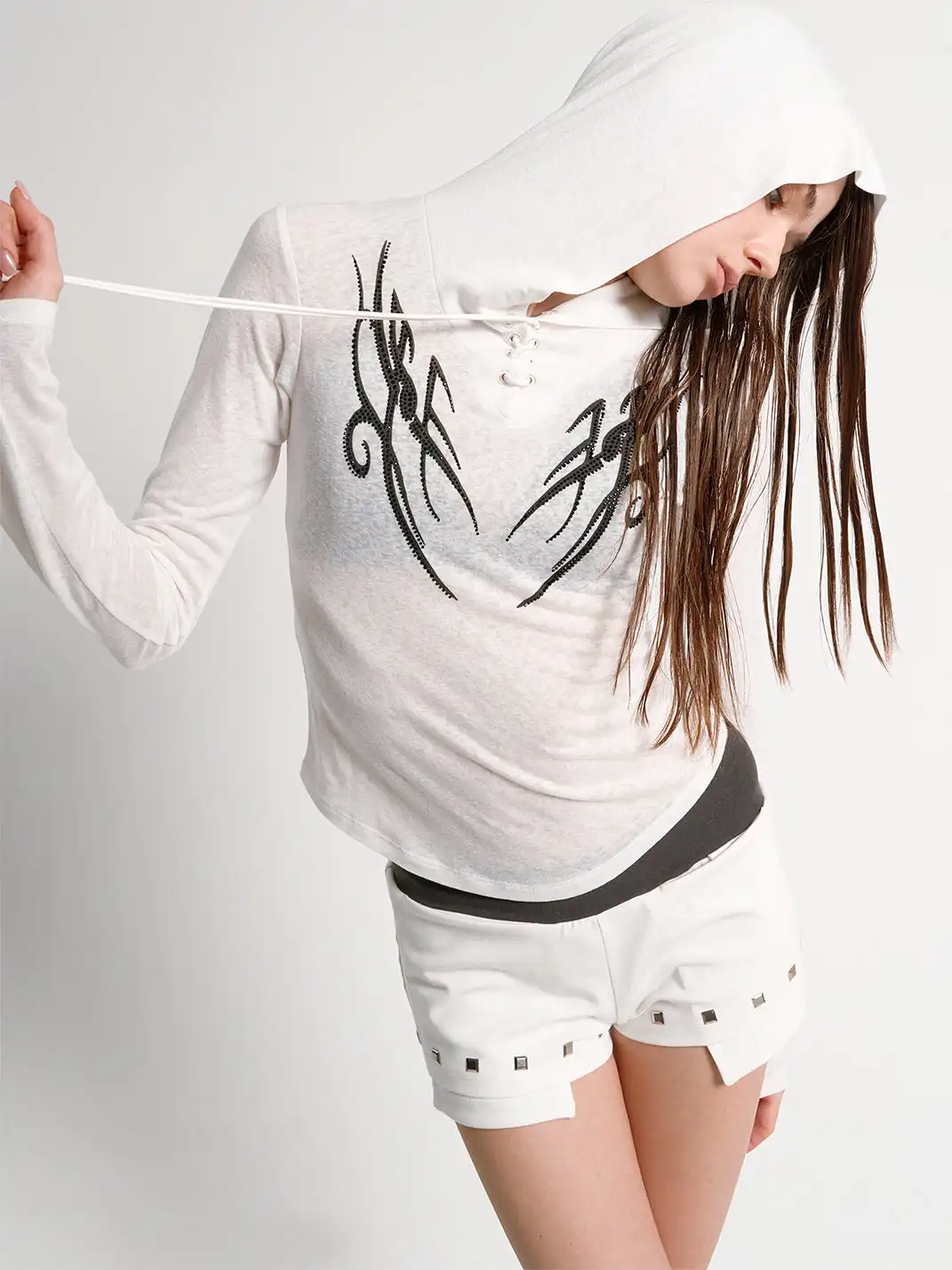 noEmosen | Totem Print Rhinestone Hooded Long-Sleeved Top