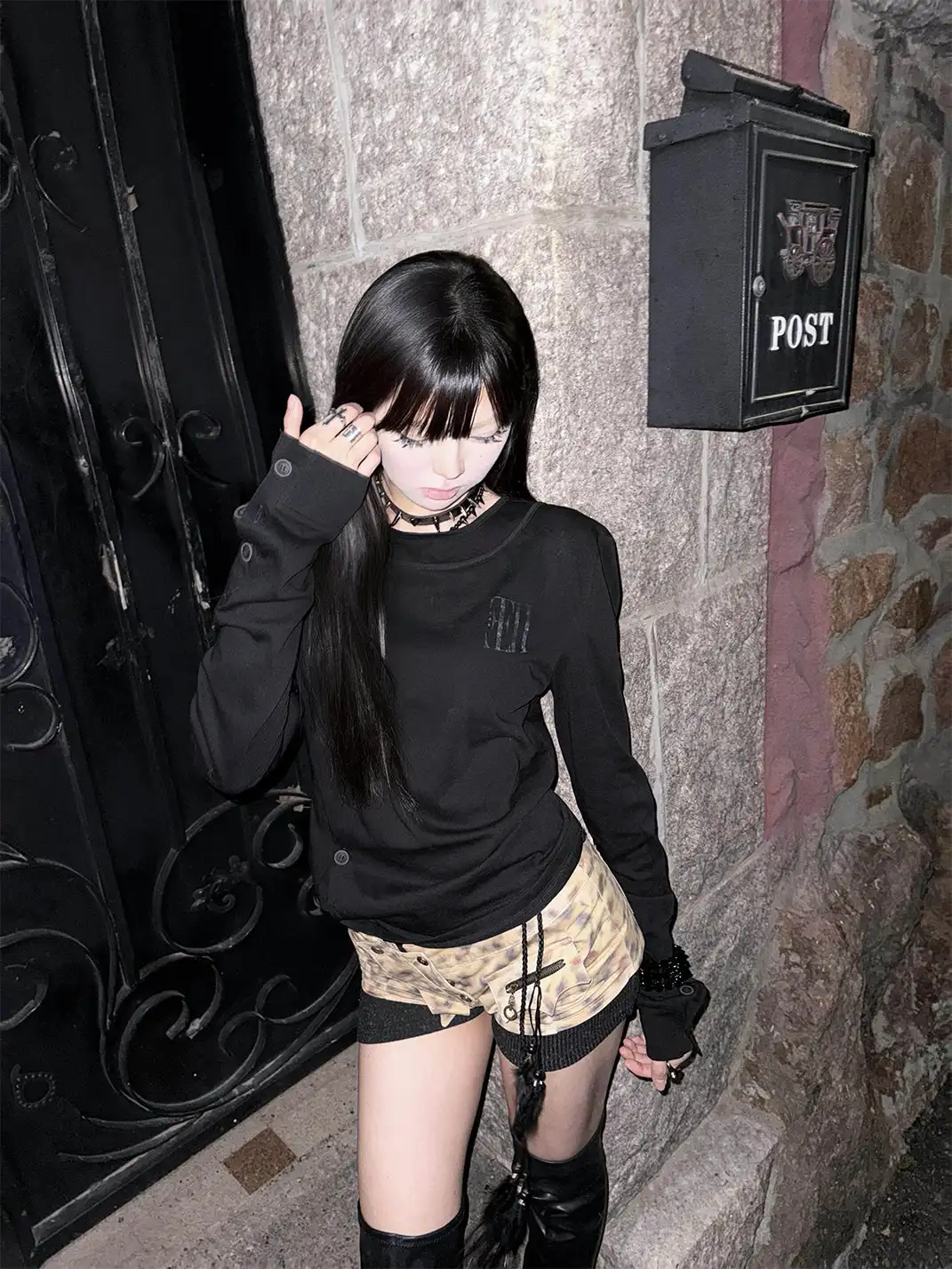 noEmosen | Print Faux Two-Piece Long-Sleeved Top