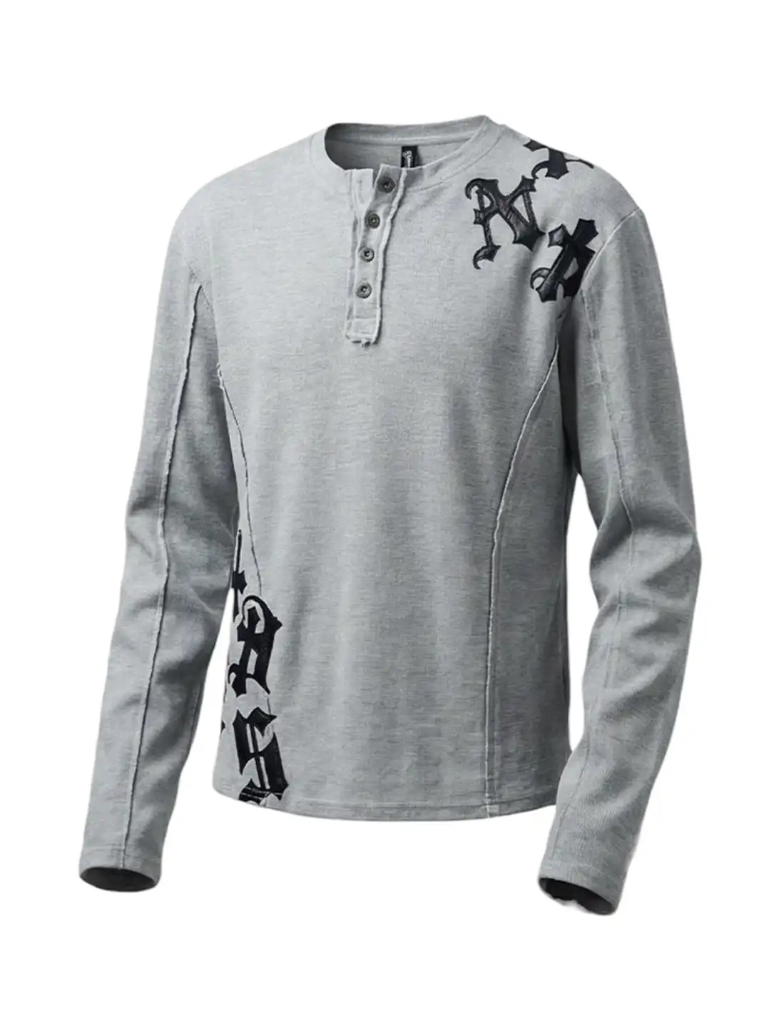 DND4DES | Retro Henley Collar Appliqué Long-Sleeve T-Shirt