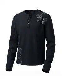 DND4DES | Retro Henley Collar Appliqué Long-Sleeve T-Shirt