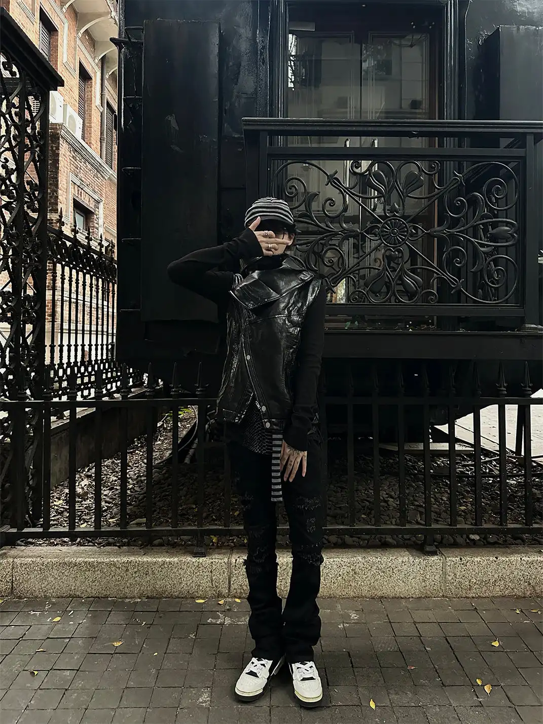 GOJOYJINNI | Irregularly Shaped Shiny Stand-Up Collar Leather Vest