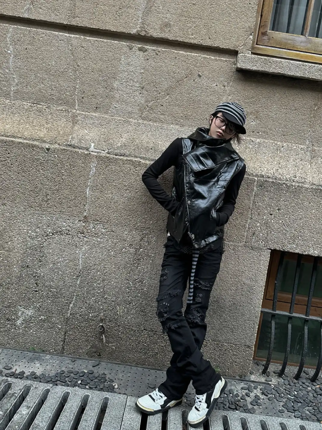 GOJOYJINNI | Irregularly Shaped Shiny Stand-Up Collar Leather Vest