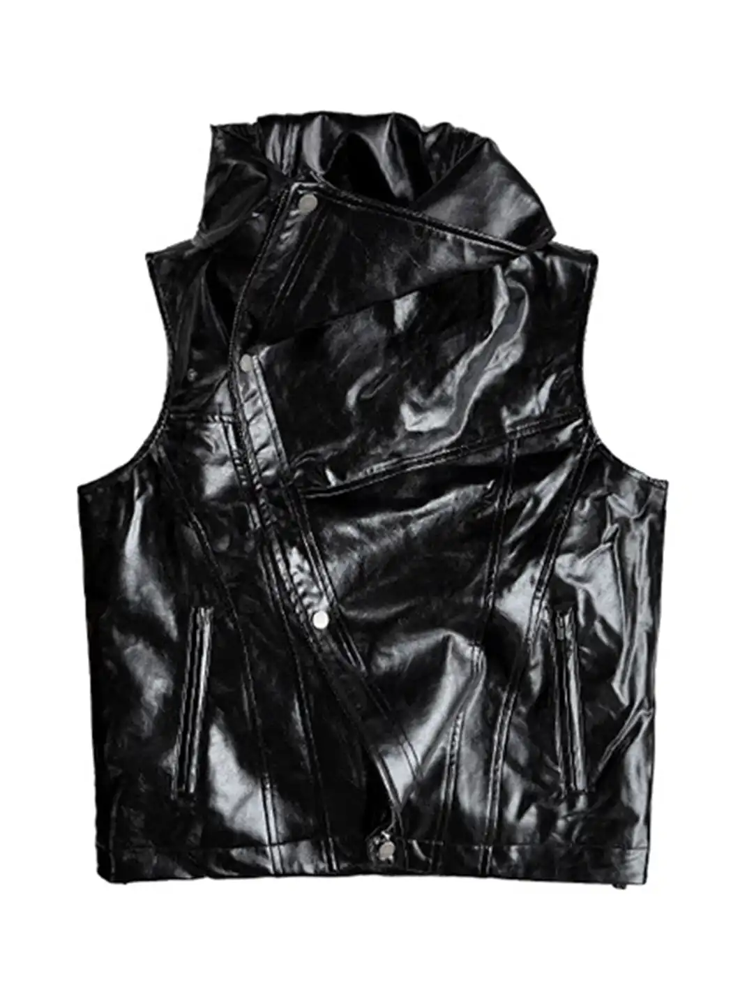 GOJOYJINNI | Irregularly Shaped Shiny Stand-Up Collar Leather Vest