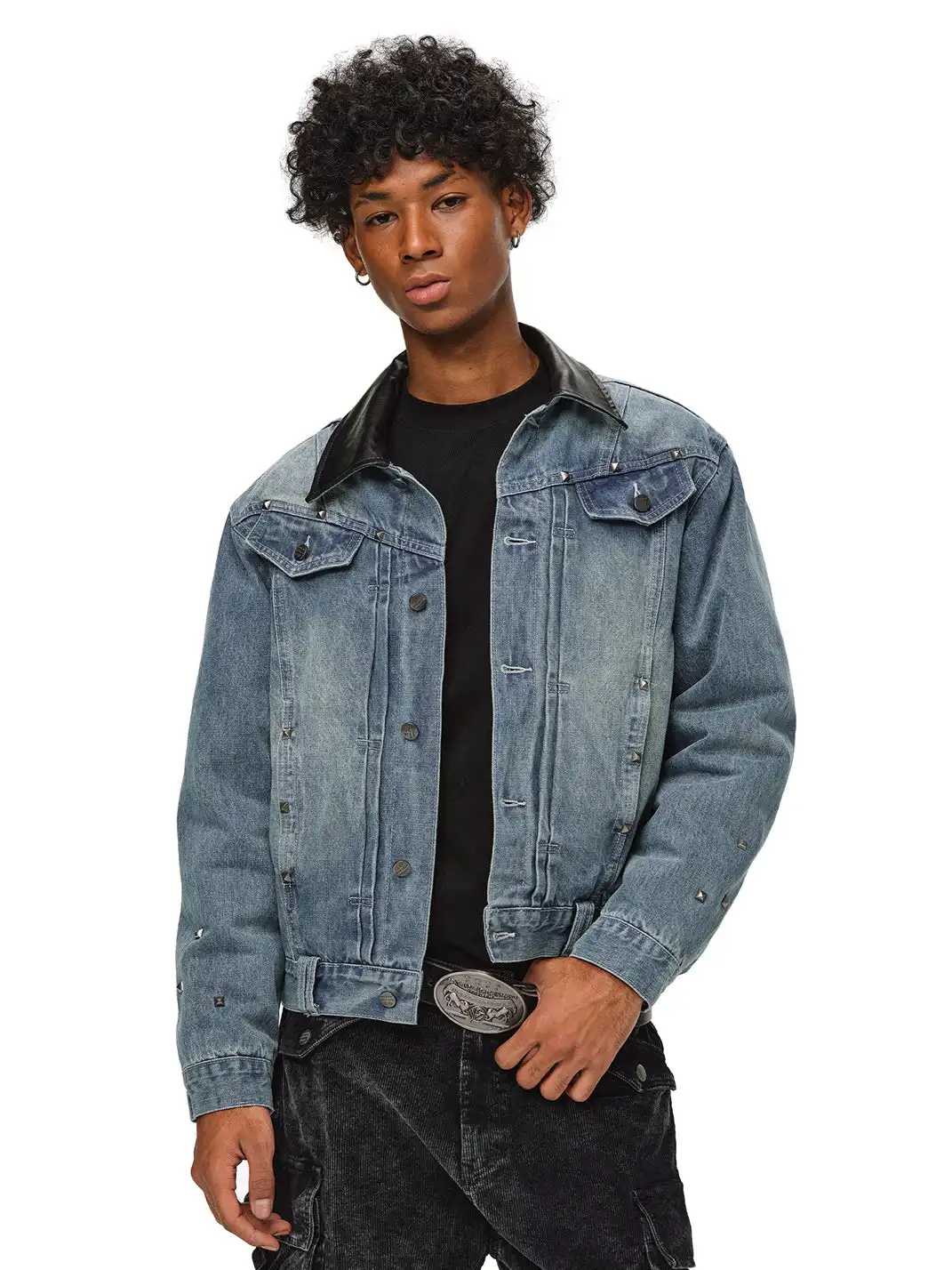 ANTIDOTE | Studded Denim Jacket With Leather Collar