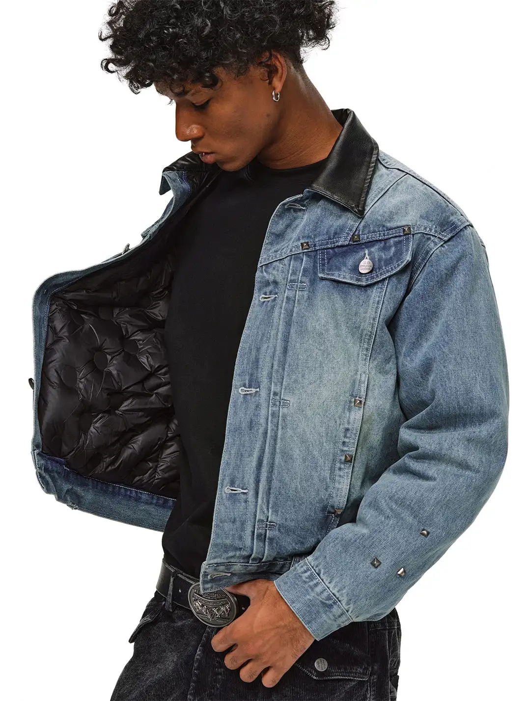 ANTIDOTE | Studded Denim Jacket With Leather Collar