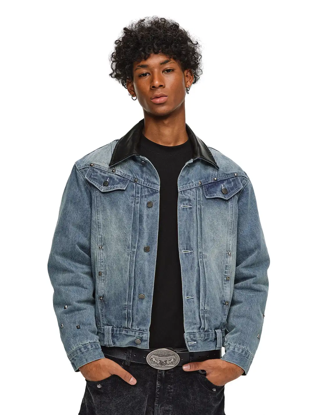 ANTIDOTE | Studded Denim Jacket With Leather Collar