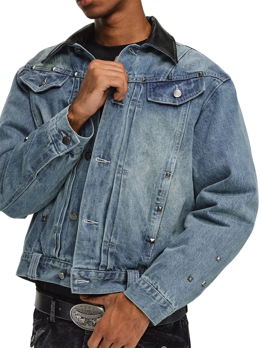 ANTIDOTE | Studded Denim Jacket With Leather Collar