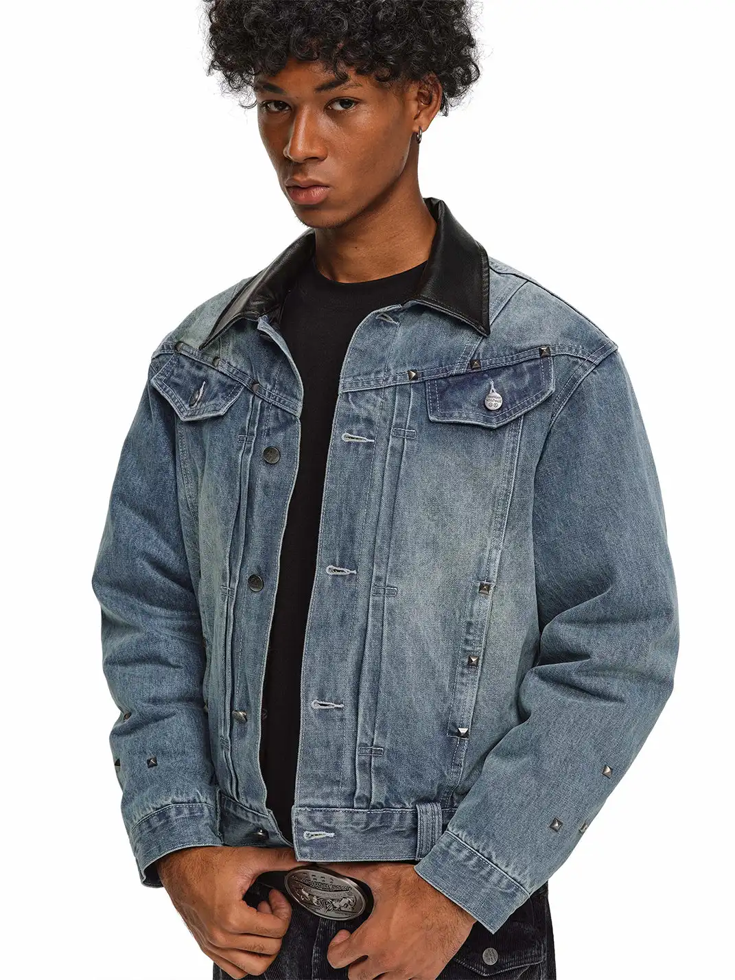 ANTIDOTE | Studded Denim Jacket With Leather Collar