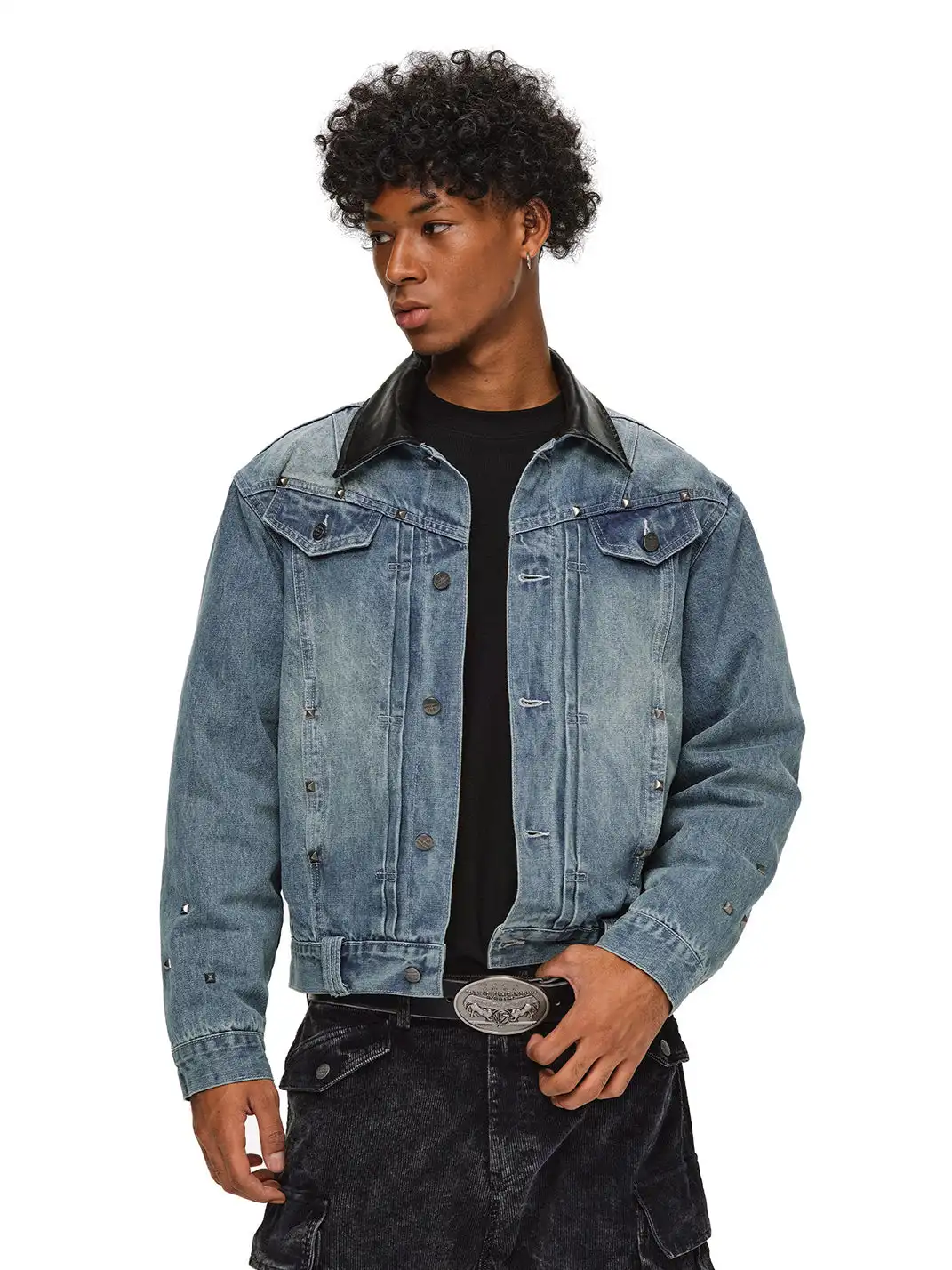 ANTIDOTE | Studded Denim Jacket With Leather Collar