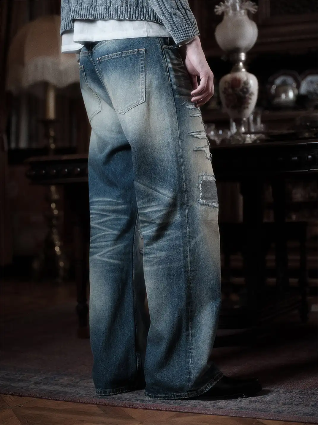 WANNA LAB | Distressed Jeans With Whiskers