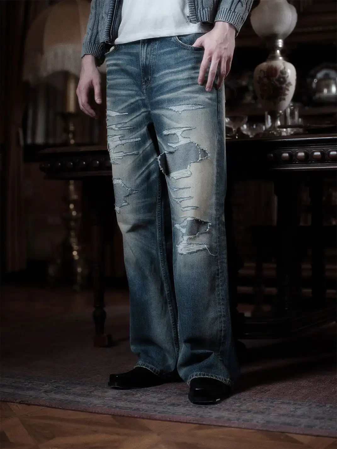WANNA LAB | Distressed Jeans With Whiskers
