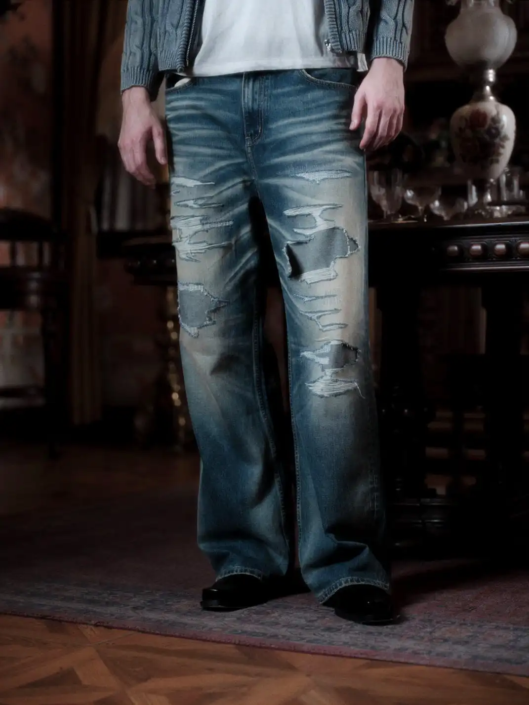 WANNA LAB | Distressed Jeans With Whiskers