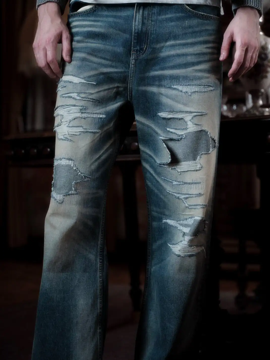 WANNA LAB | Distressed Jeans With Whiskers