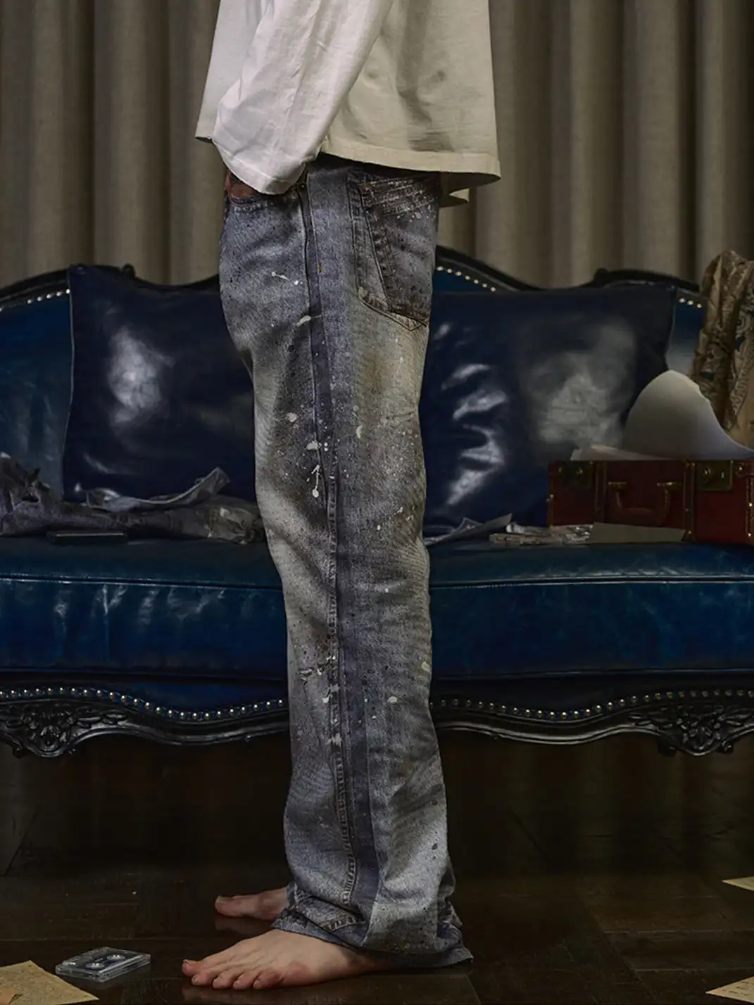 WANNA LAB | Ice Blue Stained Ripped Jeans