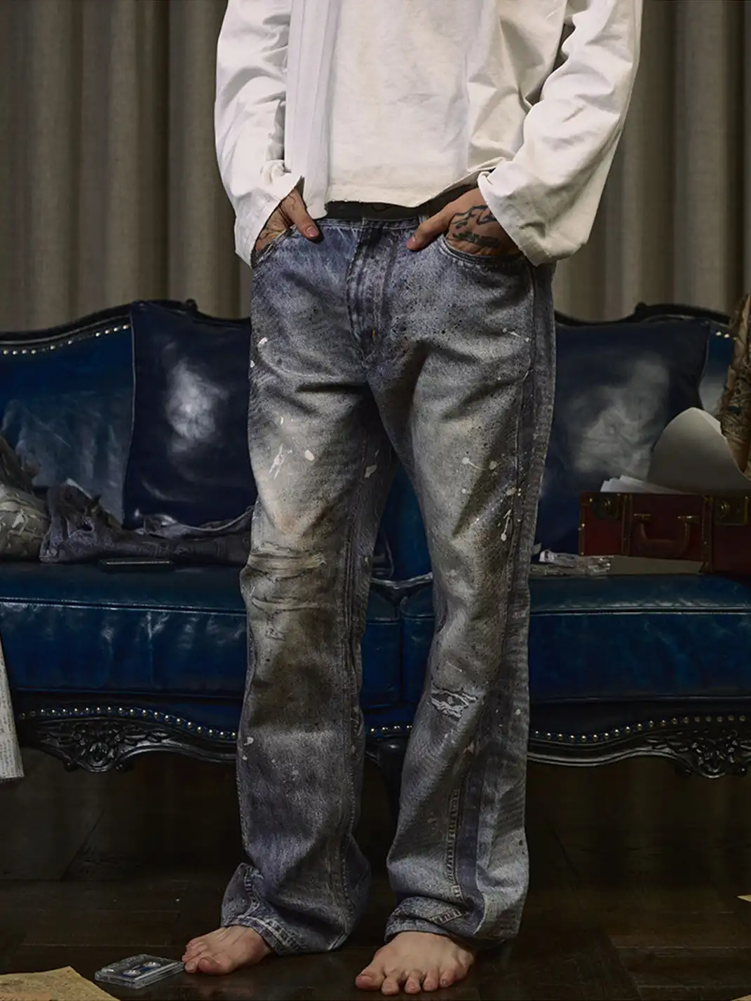 WANNA LAB | Ice Blue Stained Ripped Jeans