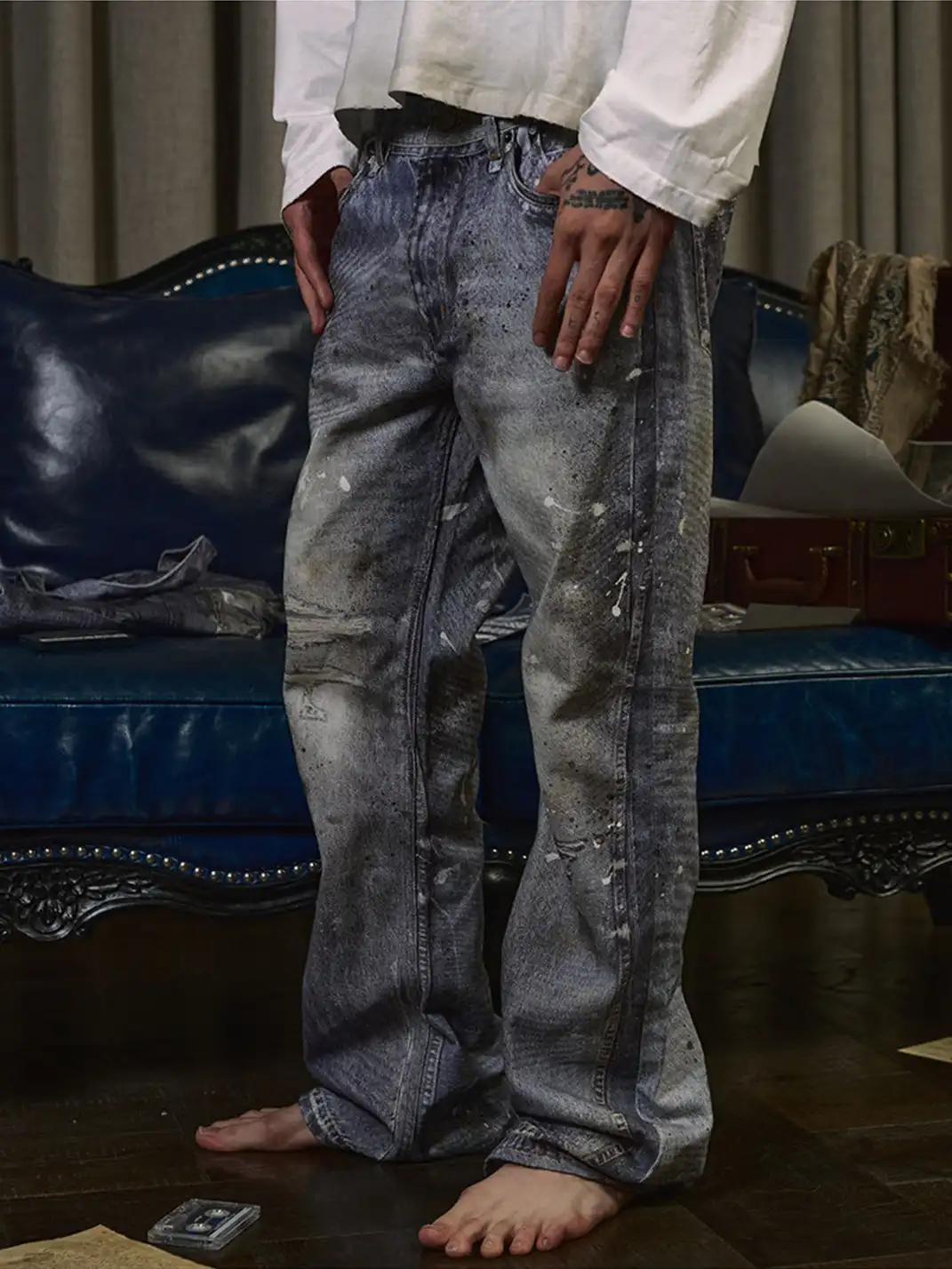 WANNA LAB | Ice Blue Stained Ripped Jeans