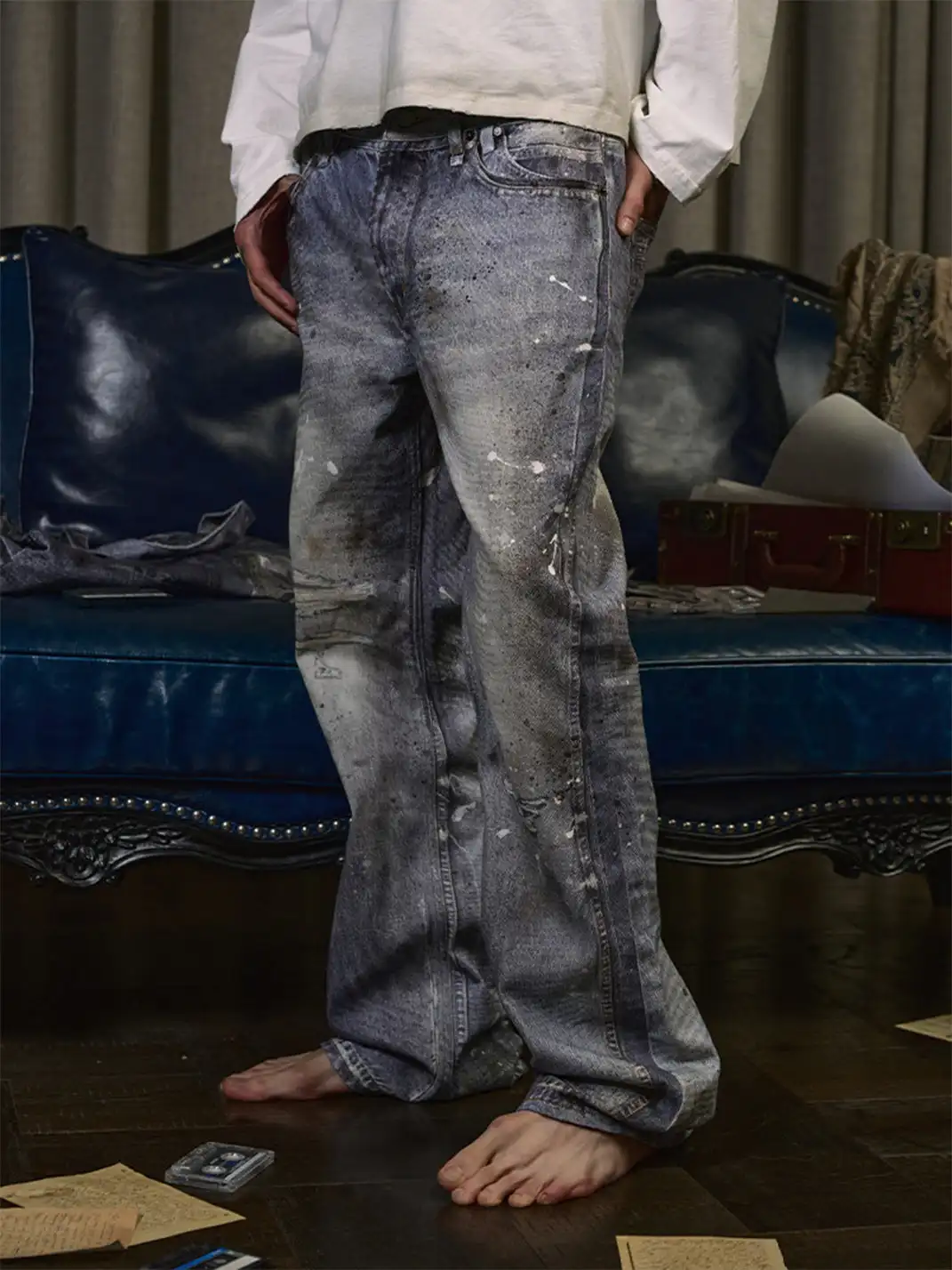 WANNA LAB | Ice Blue Stained Ripped Jeans