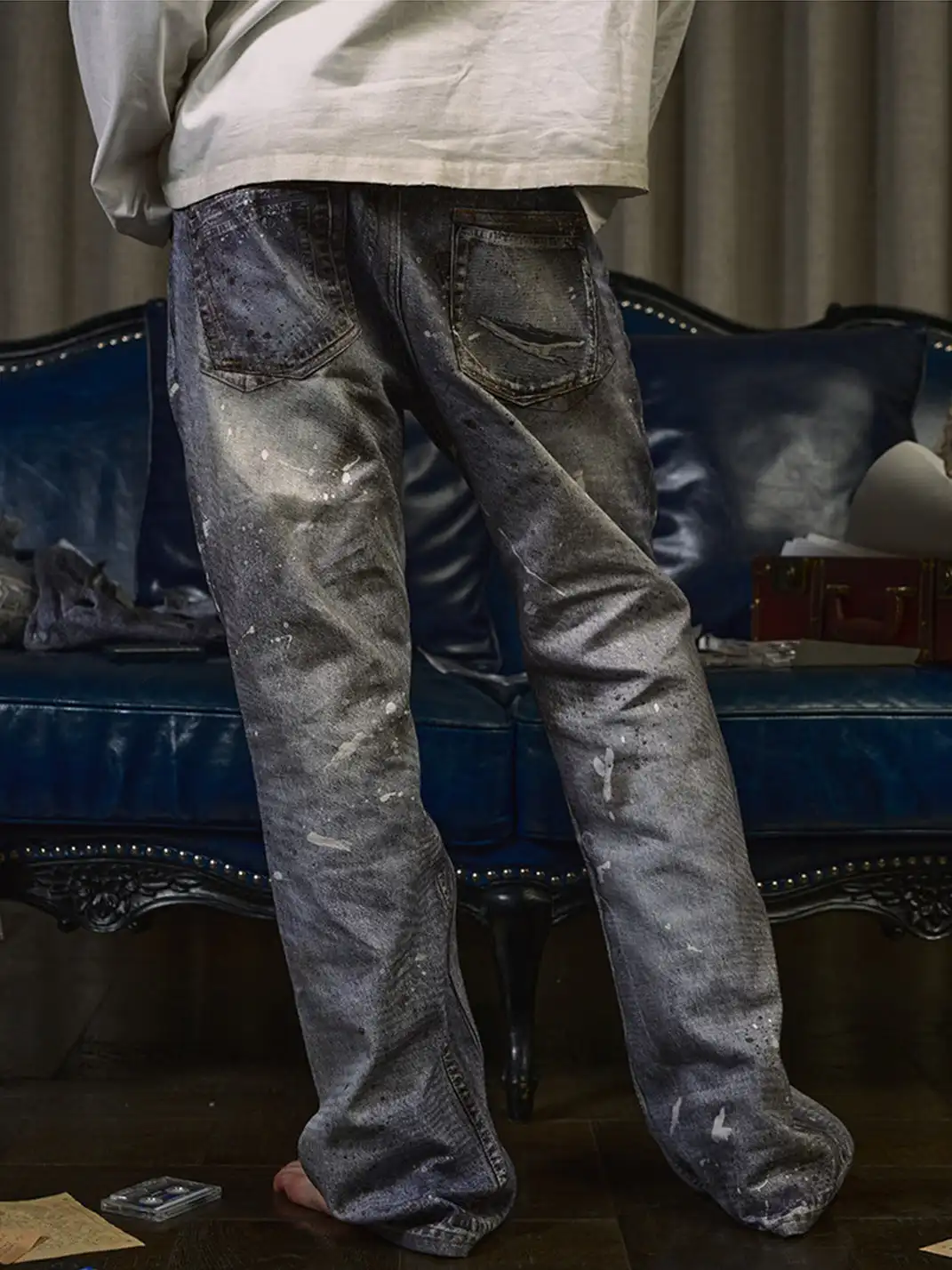 WANNA LAB | Ice Blue Stained Ripped Jeans