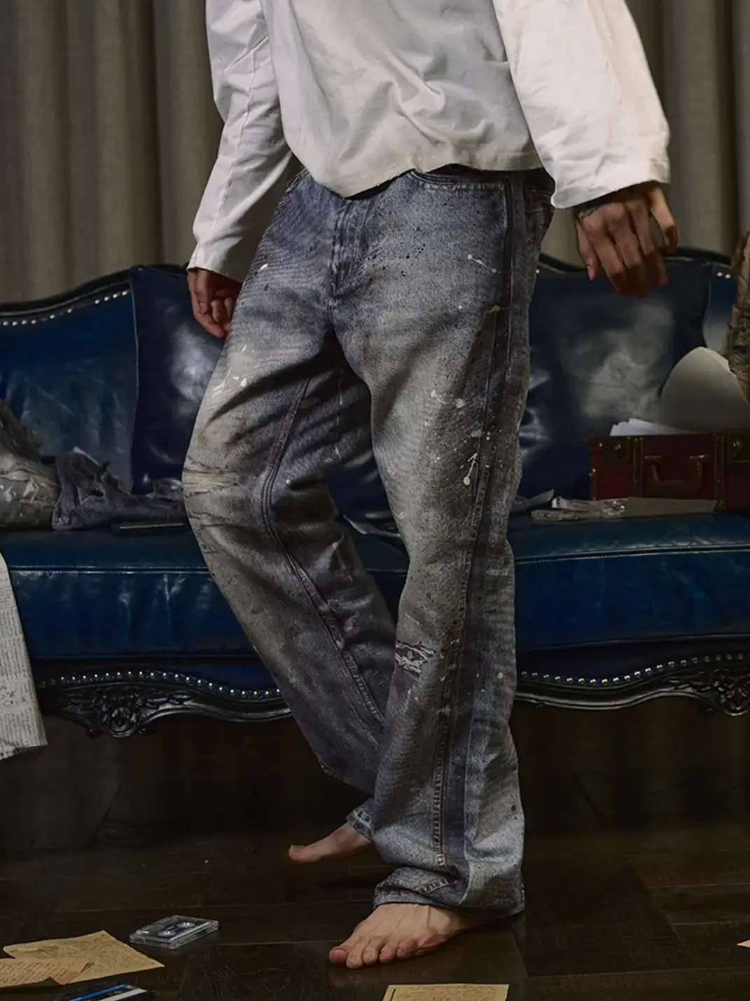 WANNA LAB | Ice Blue Stained Ripped Jeans