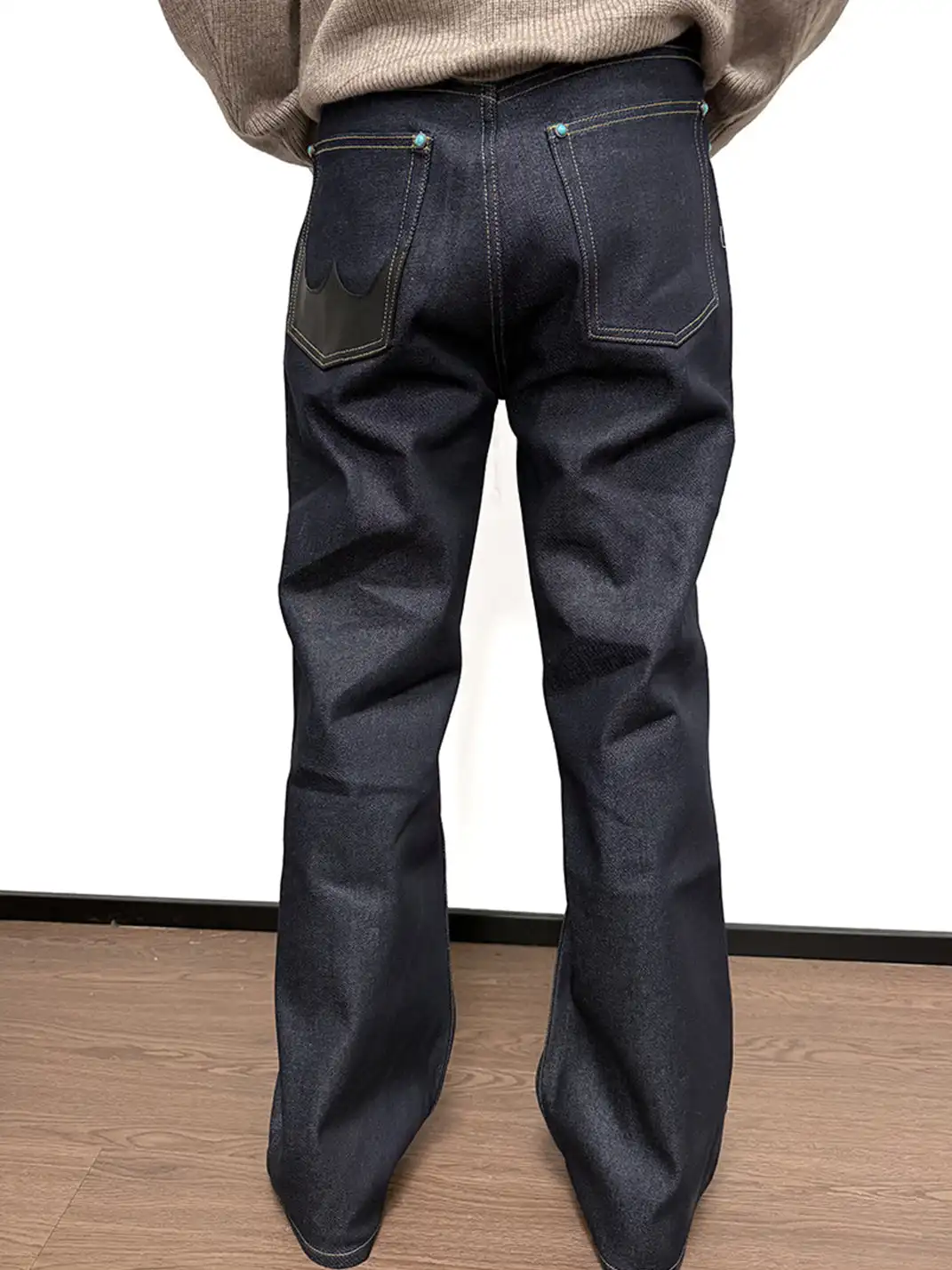 WANNA LAB | Turquoise Sheepskin Patchwork Straight-Leg Jeans