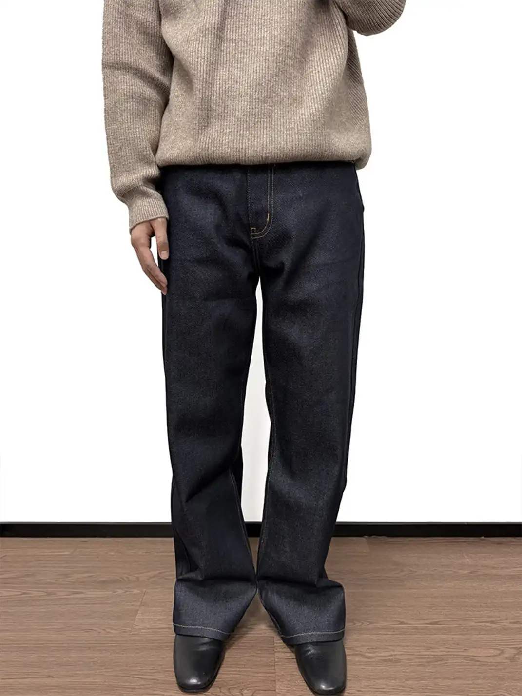 WANNA LAB | Turquoise Sheepskin Patchwork Straight-Leg Jeans