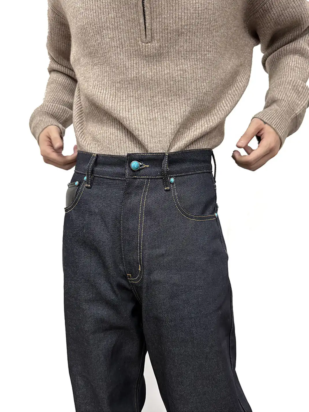 WANNA LAB | Turquoise Sheepskin Patchwork Straight-Leg Jeans