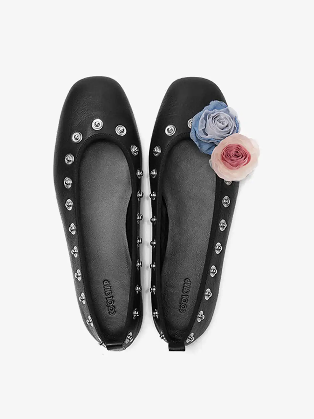 COOLCHAP | Square-Toe Flat Shoes with Studded Detailing & Fabric Flower Accents