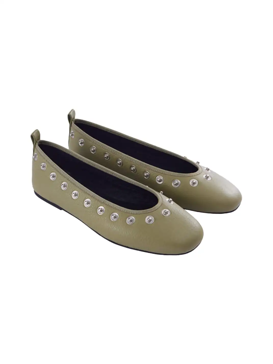 COOLCHAP | Square-Toe Flat Shoes with Studded Detailing & Fabric Flower Accents