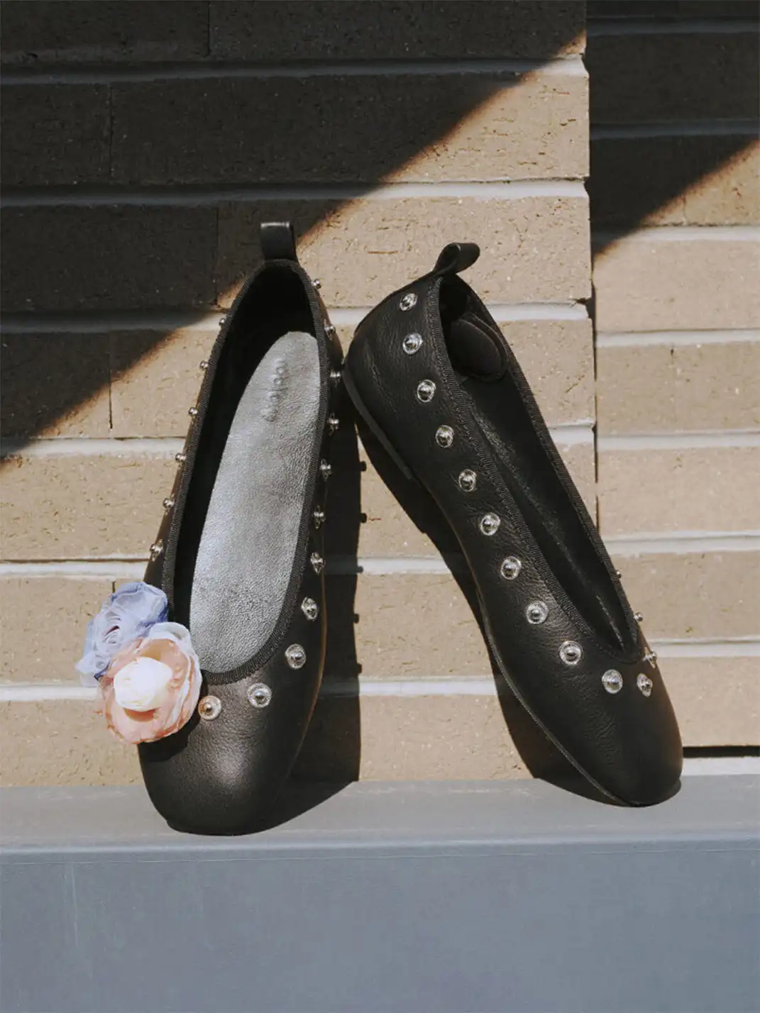 COOLCHAP | Square-Toe Flat Shoes with Studded Detailing & Fabric Flower Accents