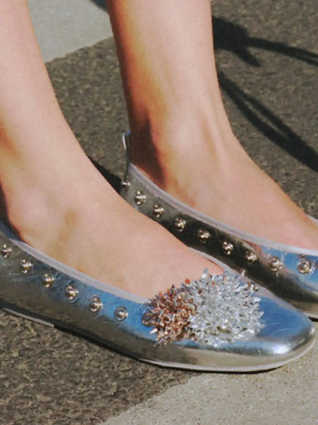COOLCHAP | Square-Toe Flat Shoes with Studded Detailing & Fabric Flower Accents