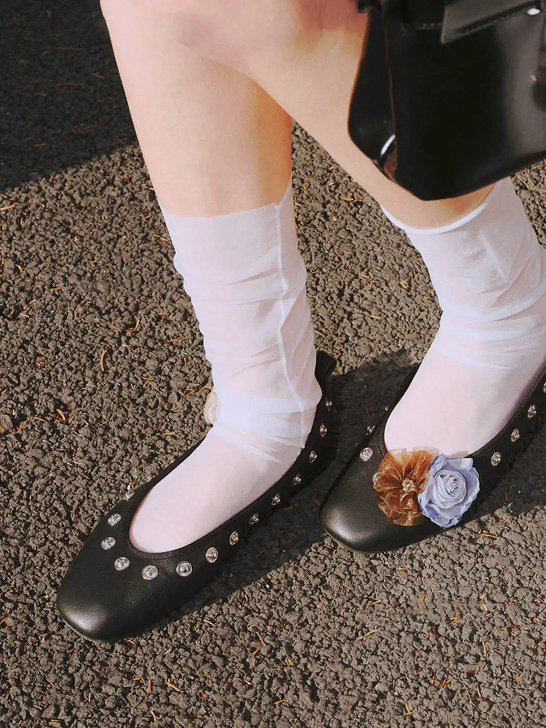 COOLCHAP | Square-Toe Flat Shoes with Studded Detailing & Fabric Flower Accents