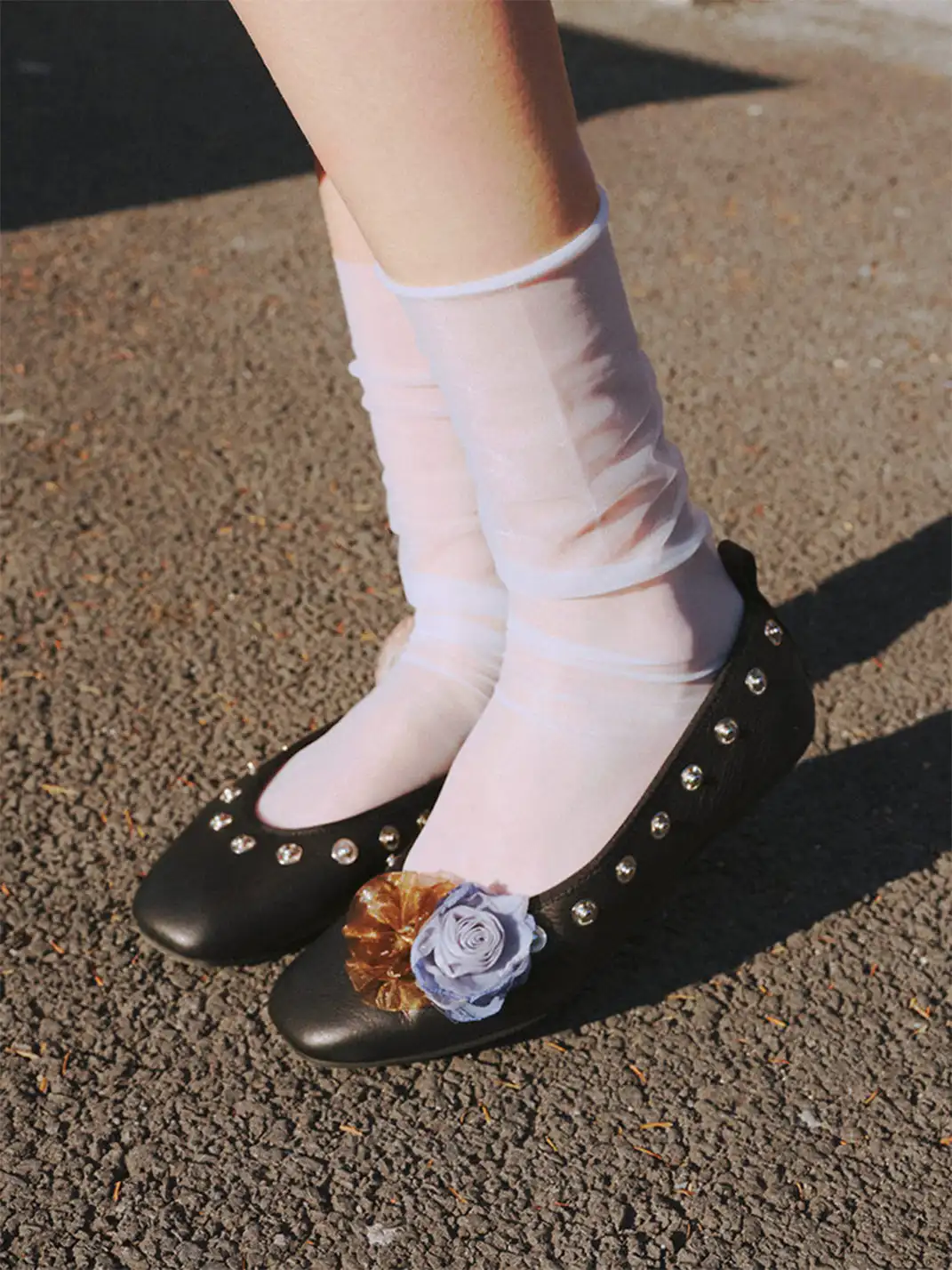 COOLCHAP | Square-Toe Flat Shoes with Studded Detailing & Fabric Flower Accents